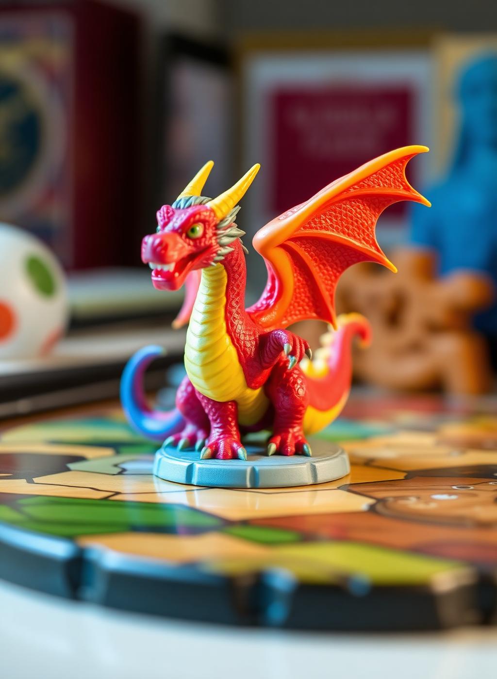 Färgglad 3D-utskriven drakfigur på ett brädspel